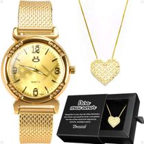 Relogio feminino aço dourado + colar coração amor strass transparente caixa presente casual moda