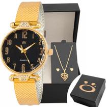 Relogio Feminino Aço Dourado + Colar Coração Brinco + Caixa casual ponteiro social original mostrador preto inoxidável