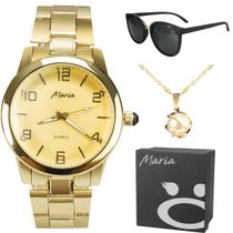 Relógio feminino aço dourado + colar presente casual proteção uv strass social qualidade premium