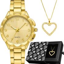 relogio feminino aço dourado + colar strass coração presente inoxidavel moda edição limitada casual social original relogio feminino aço dourado + colar strass coração presente inoxidavel moda edição limitada casual social original