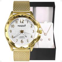 relogio feminino aço inox banhado + brincos + colar prova dagua inoxidavel delicado redondo dourado social presente moda