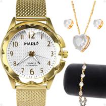 Relogio Feminino Aço Inox Banhado + Brincos Colar + Pulseira delicado social dourado moda redondo qualidade premium