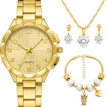 Relogio feminino aço inox banhado + brincos colar + pulseira social original folheado dourado delicado presente 18k ouro Relogio feminino aço inox banhado + brincos colar + pulseira social original folheado dourado delicado presente 18k ouro