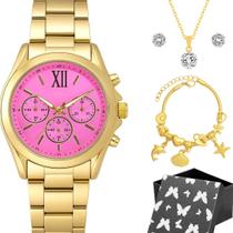 relogio feminino aco inox banhado + colar pulseira presente preto qualidade premium original losango casual inoxidavel