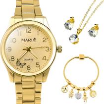 Relogio Feminino Aço Inox Banhado + Pulseira casual dourado pingente qualidade premium garantia inoxidável ajustavel