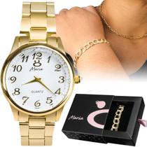 Relógio feminino aço inox banhado strass + colar + pulseira moda original social presente