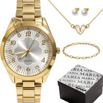 Relogio feminino aco inox + caixa pulseira banhado resistente casual inoxidavel social redondo kit presente original