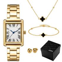Relogio feminino aco inox + colar brincos + pulseira caixa banhado original inoxidavel combo folheado quadrado casual Relogio feminino aco inox + colar brincos + pulseira caixa banhado original inoxidavel combo folheado quadrado casual