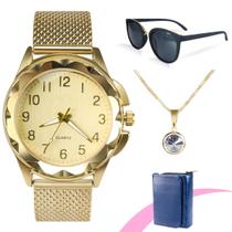 relogio feminino aço inox + colar + oculos protecao uv original pingente ponto de luz dourado qualidade premium casual