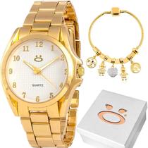 Relogio Feminino Aço Inox Dourado Banhado + Pulseira + Caixa presente social ponteiro qualidade premium casual original - Orizom
