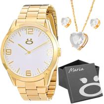 Relogio feminino aço inox dourado + brincos + caixa + colar social casual qualidade premium moda - Orizom