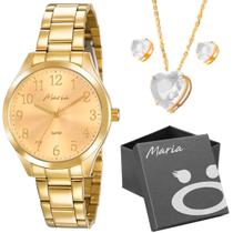 relogio feminino aço inox dourado + caixa social moda strass presente casual qualidade premium