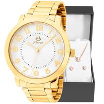 relogio feminino aço inox dourado + colar + brincos + caixa presente casual qualidade premium strass