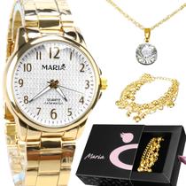 relogio feminino aço inox dourado + colar + caixa + pulseira moda social delicado presente casual