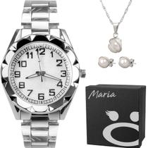 Relógio Feminino Aço Inox Prata + Brincos + Caixa prova dagua analogico original casual perola qualidade premium social