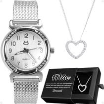 Relógio feminino aço inox prata caixa colar coração mãe inoxidável moda social presente casual