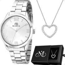 Relogio feminino aco inox prata + caixa + colar coracao presente social casual qualidade premium strass ponteiro Relogio feminino aco inox prata + caixa + colar coracao presente social casual qualidade premium strass ponteiro