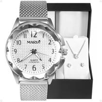 Relogio Feminino Aço Inox Prata + Caixa + Colar presente social redondo inoxidavel moda prova dagua qualidade premium
