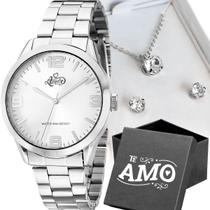 Relogio Feminino Aço Inox Prata + Caixa Colar Pulseira original edição limitada casual social strass