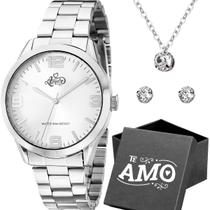 Relogio Feminino Aço Inox Prata + Caixa + Colar + Pulseira original strass moda presente qualidade premium edição limitada casual social