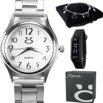 Relogio feminino aço inox prata + caixa + pulseira premium presente moda original qualidade casual