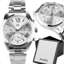Relógio feminino aço inox prata casual social + caixa edição limitada original qualidade premium