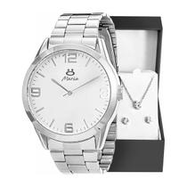 relogio feminino aço inox prata + colar + brincos + caixa strass casual social moda qualidade premium presente