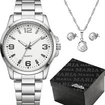 Relogio Feminino Aço Inox Prata + Colar + Brincos prateado perola qualidade premium social original moda presente casual