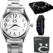 Relogio feminino aço inox prata premium + caixa + pulseira Relogio feminino aço inox prata premium + caixa + pulseira