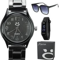 relogio feminino aço inox preto casual + oculos sol + caixa casual analogico delicado moda original presente