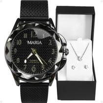Relogio feminino aço inox preto + colar + caixa + brincos original qualidade premium presente black piano casual moda - Orizom