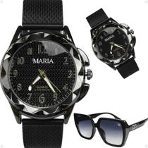 Relogio feminino aço inox preto + oculos proteção uv sol casual qualidade premium social black piano presente original