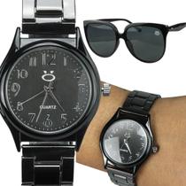 Relógio Feminino Aço Inox Preto + Óculos Sol Acetato