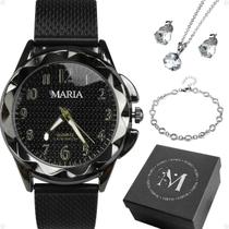 relogio feminino aço inox prova dagua + caixa strass original social preto qualidade premium moda ajustavel zirconia