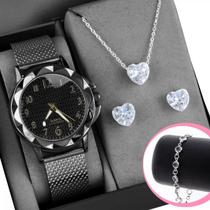 Relogio feminino aço inox prova dagua + colar brinco coração qualidade premium ajustavel preto moda