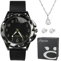 relogio feminino aço inox prova dagua + colar + brincos coração presente silicone casual pulseira ajustavel moda