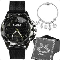 relogio feminino aço inox prova dagua + colar + caixa casual pulseira ajustavel coração preto moda