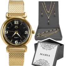 relogio feminino aço inox + pulseira + caixa + colar strass ajustavel strass qualidade premium moda