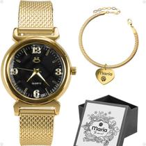 Relogio feminino aço inox + pulseira coração moda personalize casual qualidade premium presente