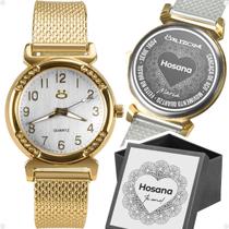 relogio feminino aço inox silicone banhado dourado + caixa personalize presente casual inoxidável