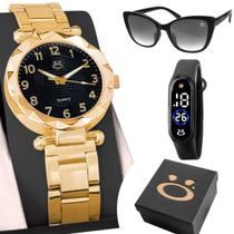relogio feminino aço + oculos + bracelete digital + caixa garantia banhado dourado mostrador preto original ajustavel relogio feminino aço + oculos + bracelete digital + caixa garantia banhado dourado mostrador preto original ajustavel