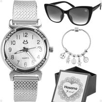 relogio feminino aço prata + caixa + pulseira + oculos sol azul personalize social gatinho qualidade premium moda preto