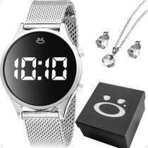 Relogio Feminino Aço Prata Digital + Brincos Colar + Caixa moda original led ajustavel presente academia strass silicone
