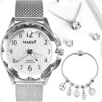 Relogio Feminino Aço Prata + Pulseira + Colar + Brincos inoxidavel original redondo social delicado presente moda