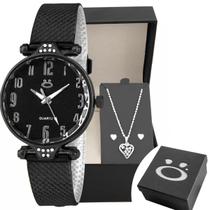 Relogio feminino aço preto + caixa + colar brinco coração mostrador preto original inoxidável presente social ponteiro