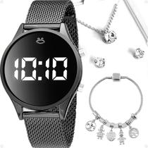 Relogio feminino aço preto digital + colar + caixa + brincos moda academia qualidade premium silicone led Casual