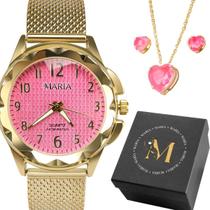relogio feminino aço prova dagua + colar presente fundo rosa pulseira ajustavel coração qualidade premium casual moda