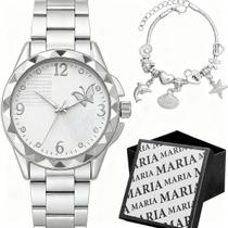 Relogio Feminino Aço Prova Dagua Prata + Pulseira + Caixa casual moda resistente qualidade premium presente social Relogio Feminino Aço Prova Dagua Prata + Pulseira + Caixa casual moda resistente qualidade premium presente social