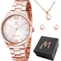 Relogio Feminino Aço Rose Banhado + Caixa + Colar Brincos presente strass casual qualidade premium social original