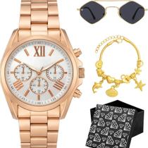 Relogio Feminino Aco Rose Banhado + Oculos Pulseira original losango casual presente preto inoxidavel moda protecao uv